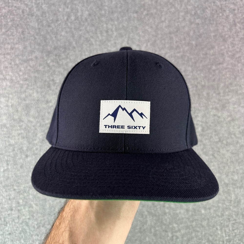 Three Sixty Hat Mens OSFA Snapback Navy Blue Mountain Patch Wool Blend EXCELLENT